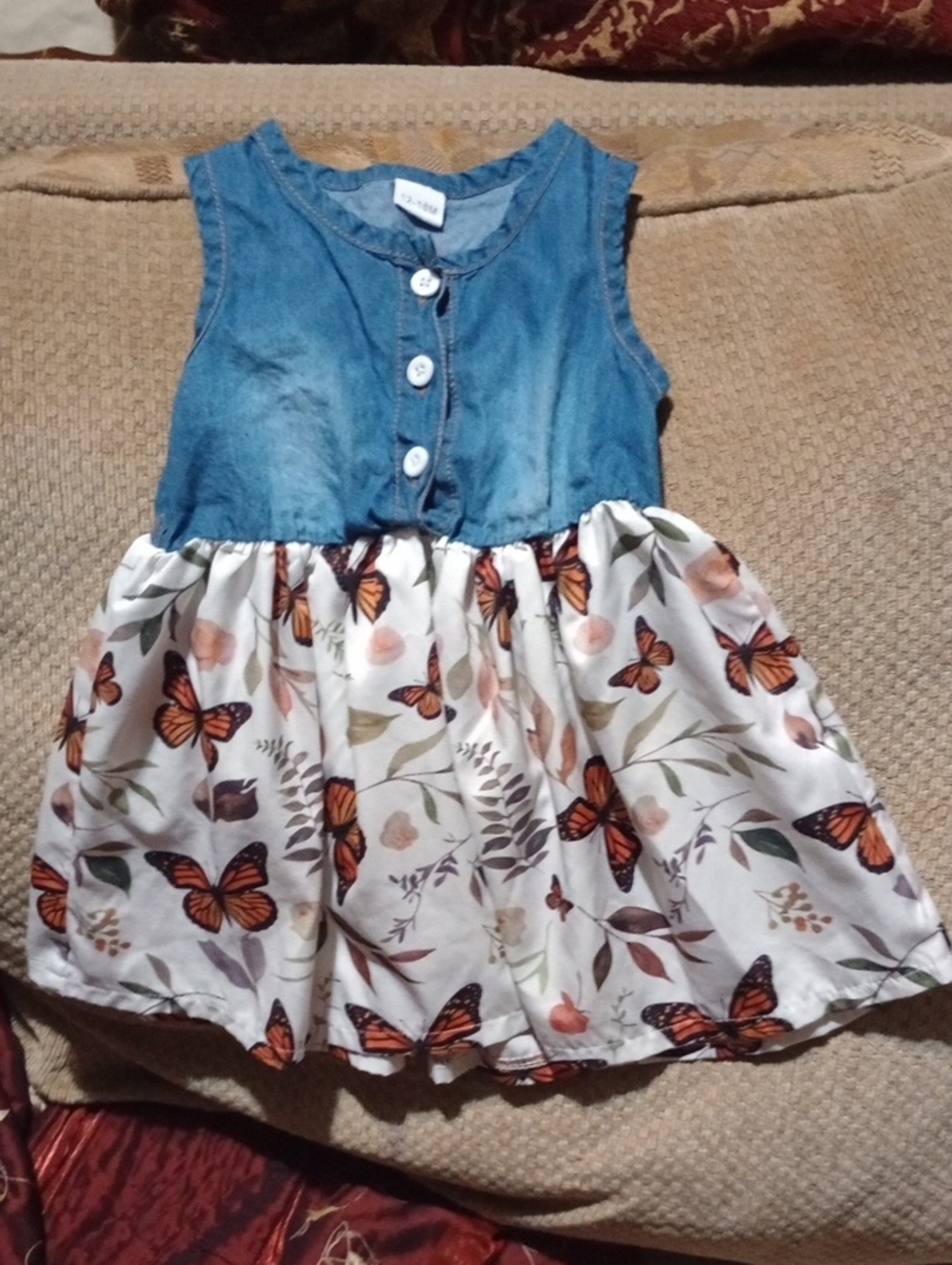 Blue Denim Bodice Butterfly Print Girls Dress